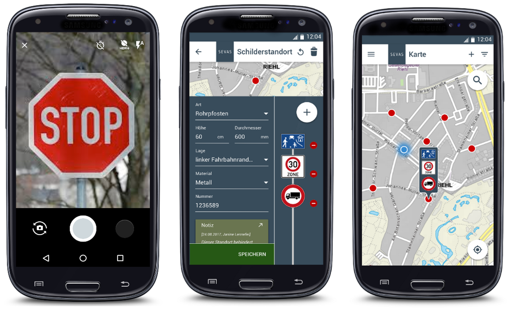 Ein Smartphone zeigt die Benutzeroberfläche der SEVAS-App. Fahrverbotszonen werden angezeigt. LKW-Fahrer werden durch den Stadtverkehr gelotst.