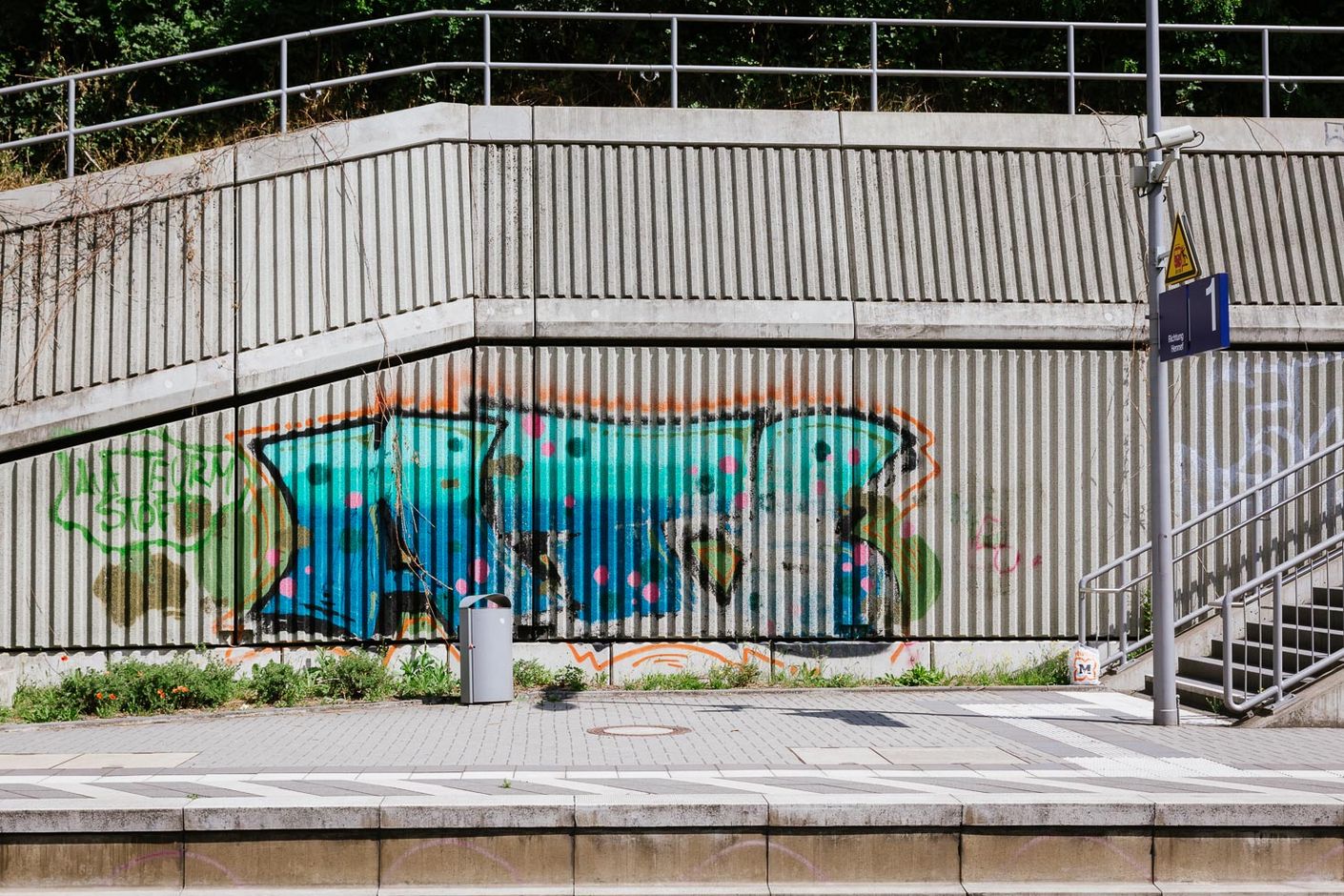 Das Bild zeigt ein großflächiges Graffiti an der Außenwand einer Station.